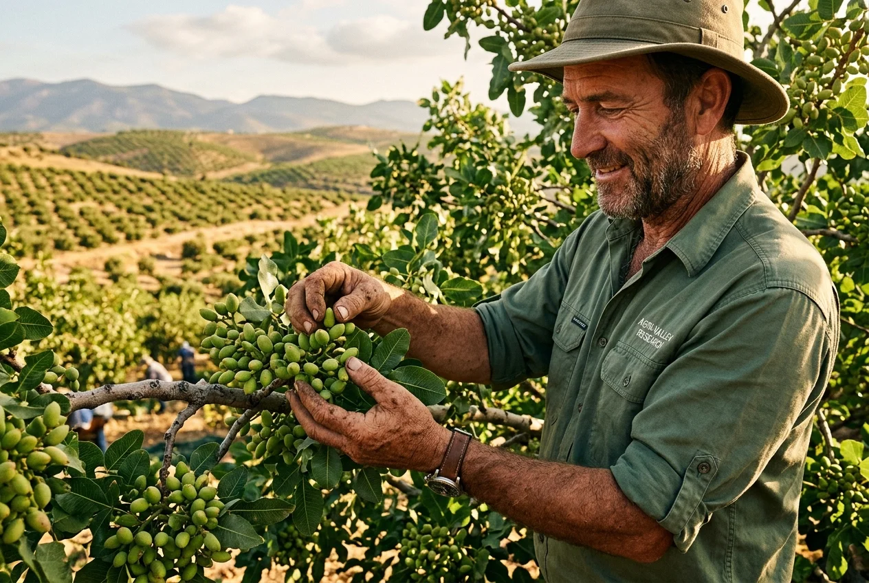 Agronomist inspecting developing pistachio trees in sunlit orchard