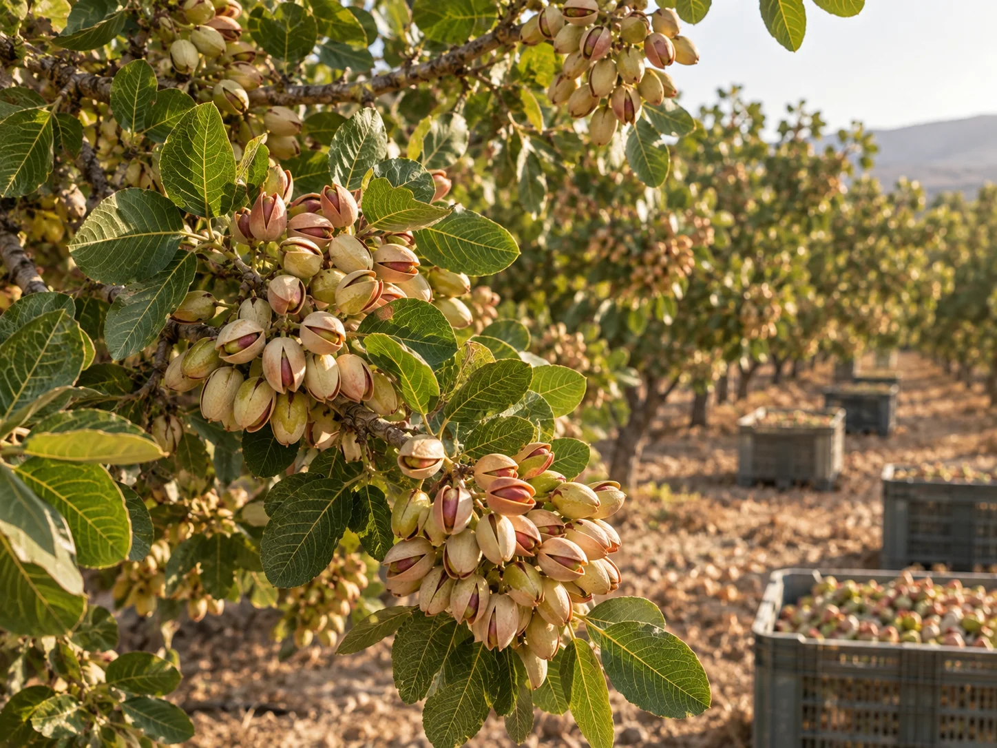 Generational pistachio harvest at full maturity